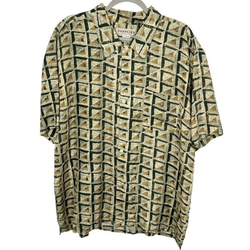 Supplies Men's Large Geometric Print Short Sleeve Button Up 100% Silk Shirt